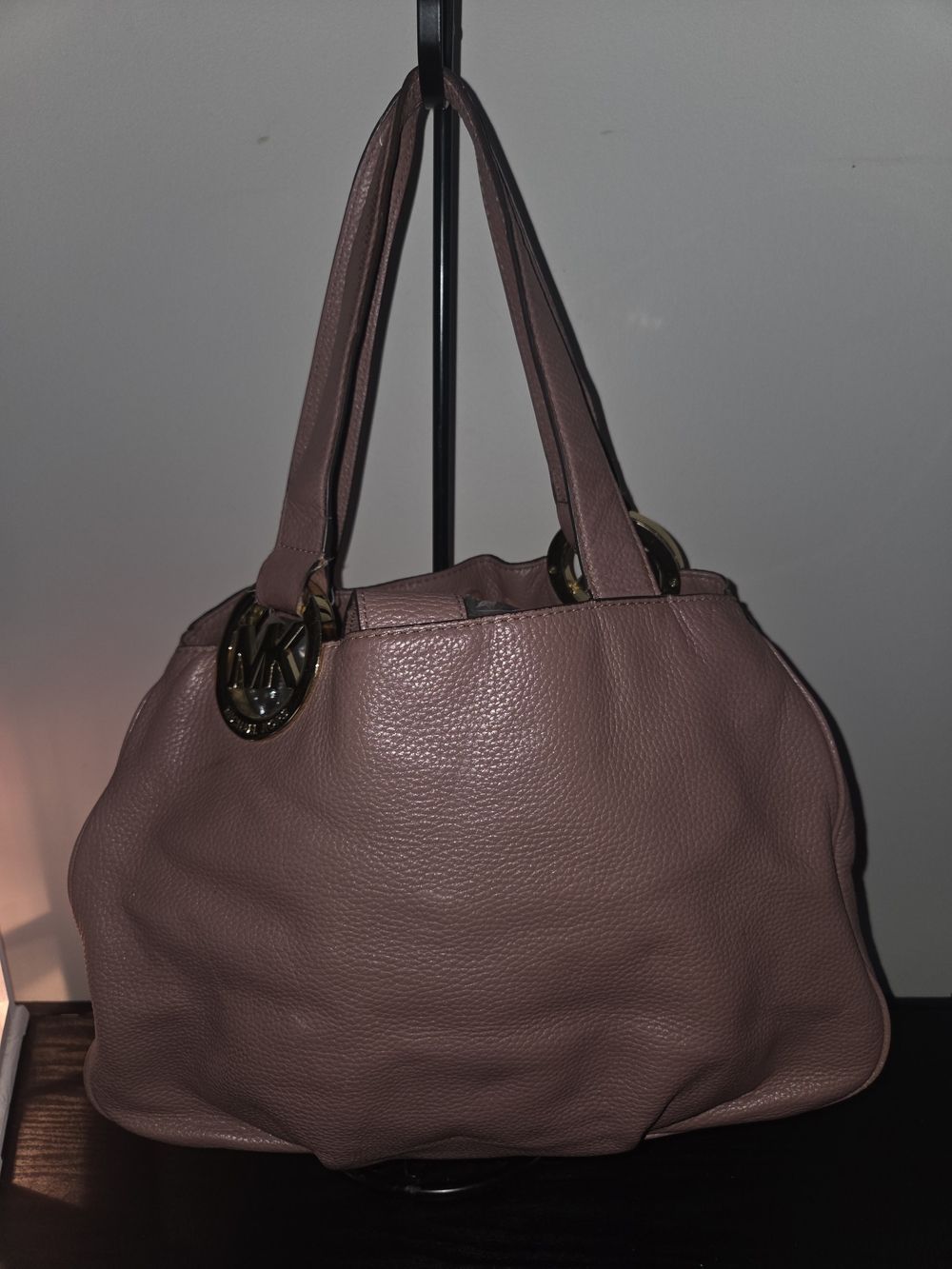 Michael Kors Rose Taupe Pebbled Leather Shoulder Bag with Gold MK Accents